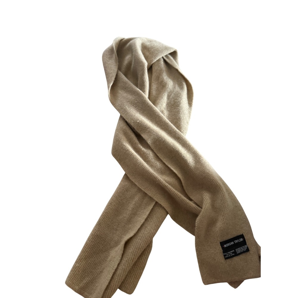 Morgan Taylor 100% Cashmere Scarf Camel Tan Ribbed Knit Made in Japan Luxury